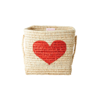 Natural Raffia Small Square Storage Basket Painted Heart Rice